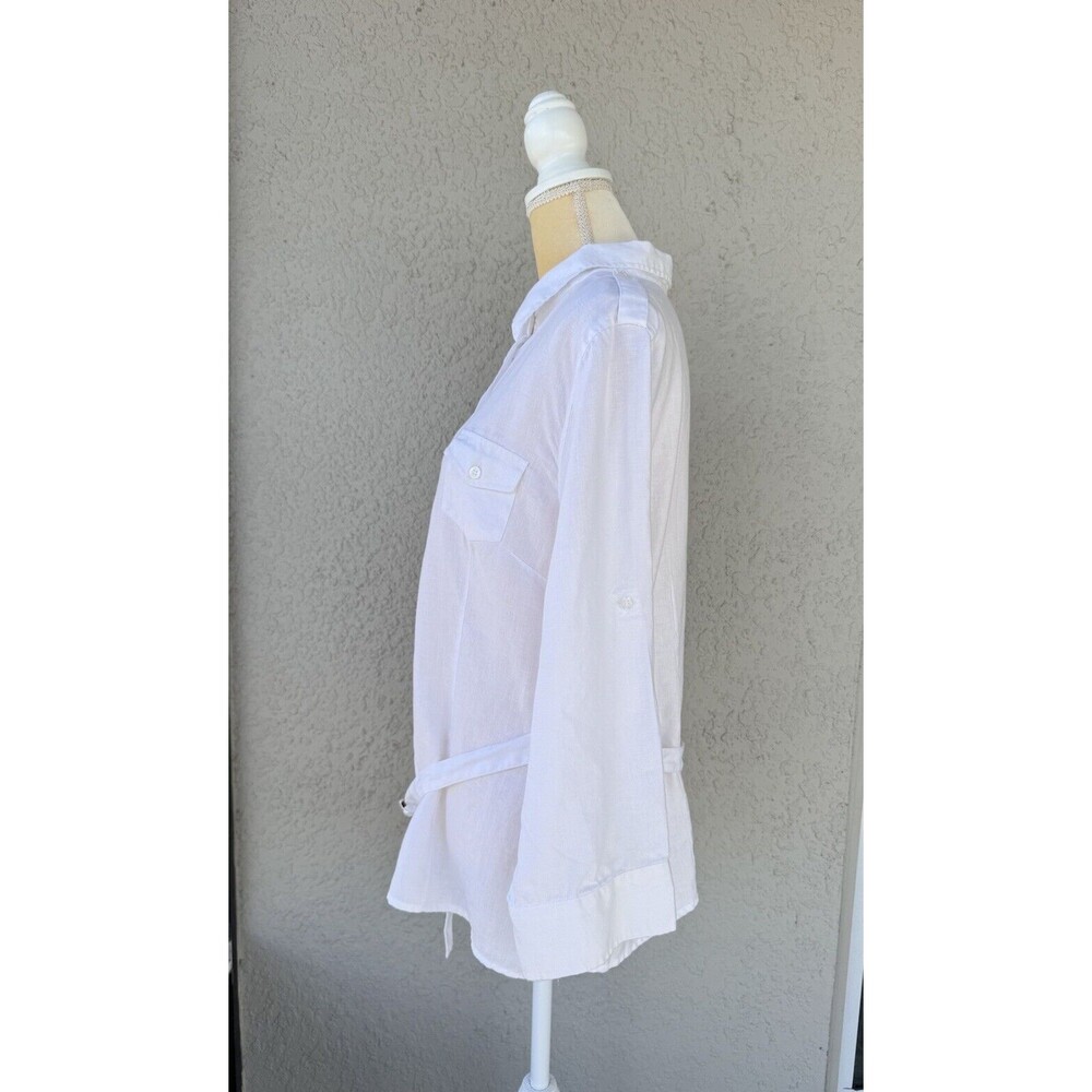 Chaus XL 100% Organic Linen Shirt 3/4 Roll Tab Sleeve Belted Tunic White Pockets - Picture 3 of 15